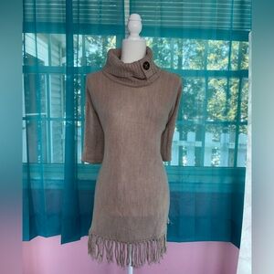NY Collection 2X Taupe Cowl Neck Sweater Fringe Sweater Poncho Style Tunic